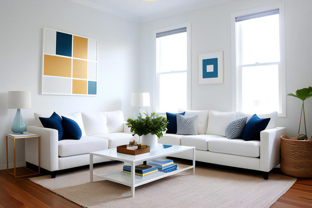 interior living room with white sofa blue cushions (1)